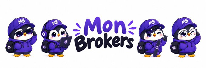 Logo banner for 'Mon Brokers' featuring four cartoon penguin mascots wearing purple hoodies and 'MB' caps in various poses.
