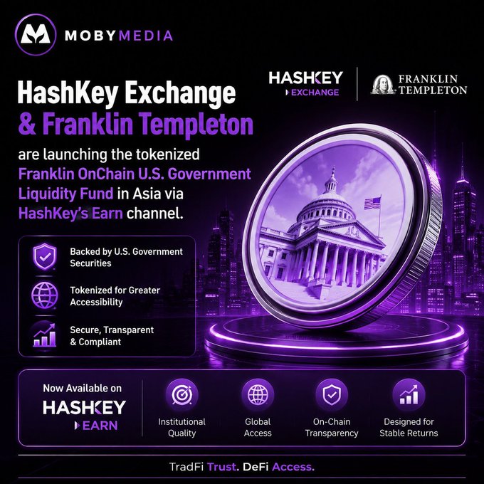 A promotional graphic by Mobymedia announcing that HashKey Exchange and Franklin Templeton are launching the tokenized Franklin OnChain U.S. Government Liquidity Fund in Asia via HashKey's Earn channel.