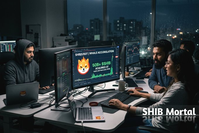 The image shows people working at computers displaying charts related to "SHIB/USDT | WHALE ACCUMULATION" and "50B+ $SHIB ACQUIRED AT multi-year lows (July 2024)". This visually supports the post's claim of large $SHIB acquisitions by whales.