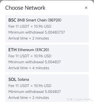 A "Choose Network" cryptocurrency withdrawal menu showing options for BSC BNB Smart Chain (BEP20), ETH Ethereum (ERC20), and SOL Solana, each with a 11 USDT fee and ~2-4 minute arrival time.