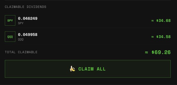 The image shows a "Claimable Dividends" dashboard on what appears to be a Robinhood-style trading interface, displaying dividends from SPY ($34.68 from 0.046249 shares) and QQQ ($34.58 from 0.649958 shares), totaling approximately $69.26 with a "Claim All" button at the bottom. This represents the yield/return portion before reinvesting, aligning with the post about claiming dividends and adding $212 back to their position.