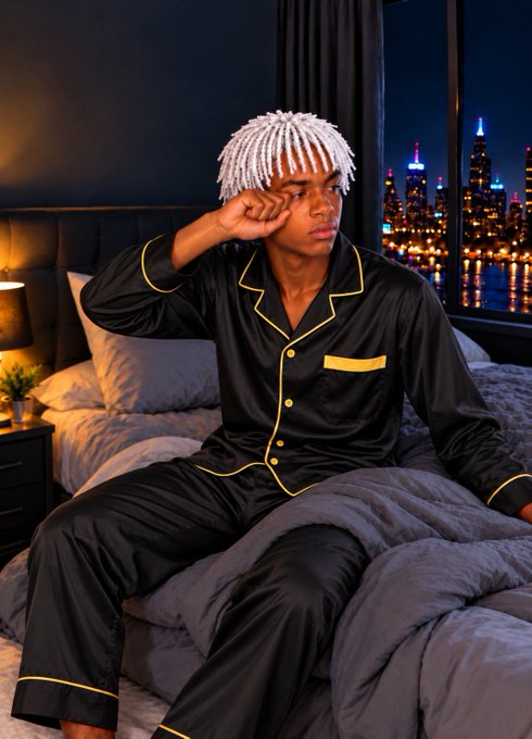 A young man with white dreadlocks sits on a bed in black and yellow satin pajamas, looking out a window at a nighttime city skyline.