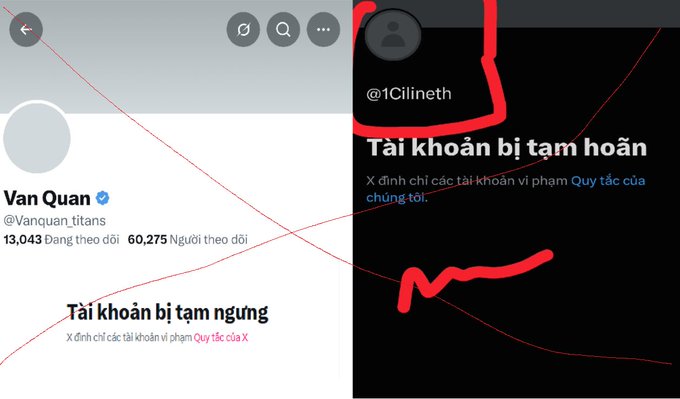 Side-by-side X/Twitter profile screenshots showing 'Van Quan' (@Vanquan_titans, 13,043 followers) and '@1Cilineth' both displaying account suspension notices in Vietnamese, with red annotation lines drawn across them.