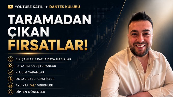 The image is a YouTube thumbnail featuring a smiling man on the right side against a dark background with a candlestick graph overlay. The Turkish text reads "TARAMADAN ÇIKAN FIRSATLAR!" (Opportunities from Scanning!) and promotes "DANTES KULÜBÜ" (Dantes Club), with bullet points highlighting features like breakouts (Kırılım), retests (P), formations (PA Yapısı), compressions/coils (Sıkışanlar), dollar-based charts, monthly "buy" signals, and bottom dips—all aligning with the post's description of a weekly scanning list covering various technical setups.
