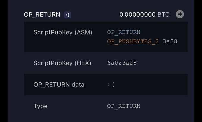 A Bitcoin transaction detail showing an OP_RETURN output with ScriptPubKey (HEX) 6a023a28 and ScriptPubKey (ASM) containing OP_RETURN OP_PUSHBYTES_2 3a28, with data ':('.