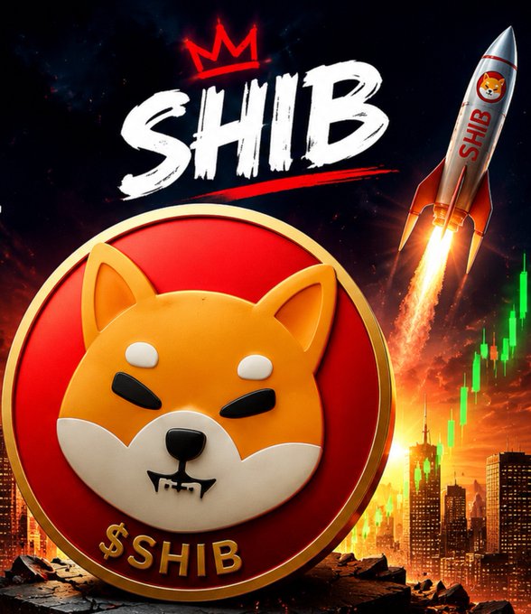 A promotional cryptocurrency graphic for '$SHIB' (Shiba Inu) featuring the iconic Shiba dog logo on a red coin, with a rocket labeled 'SHIB' launching against a green candlestick chart and city skyline background.