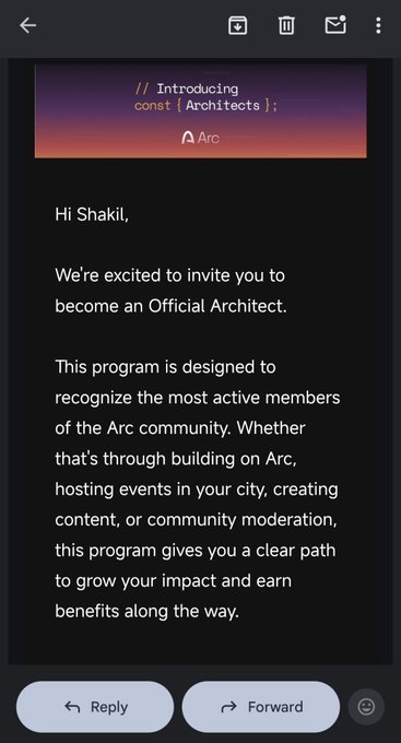 An email invitation to 'Shakil' to become an Official Architect of the Arc community, with the header 'Introducing const { Architects }' and options to Reply or Forward.