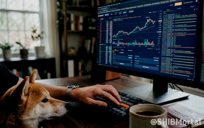 A person sits at a desk with a Shiba Inu dog resting beside them, typing on a keyboard while analyzing cryptocurrency charts and data tables on dual monitors. The image ties into the post's theme by visually representing the "smart money" mentioned—a trader monitoring market activity with their loyal companion, mirroring the $SHIB accumulation narrative about whales and on-chain bullish signals.
