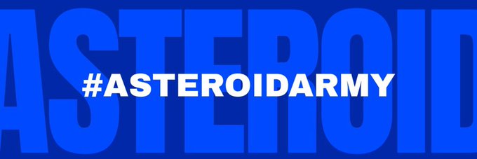 A blue graphic with large bold letters spelling "ASTEROID" and the hashtag "#ASTEROIDARMY" overlaid in white text.