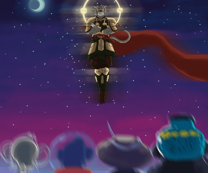 An animated warrior figure in armor and a red cape floats above an audience against a starry night sky with a crescent moon.