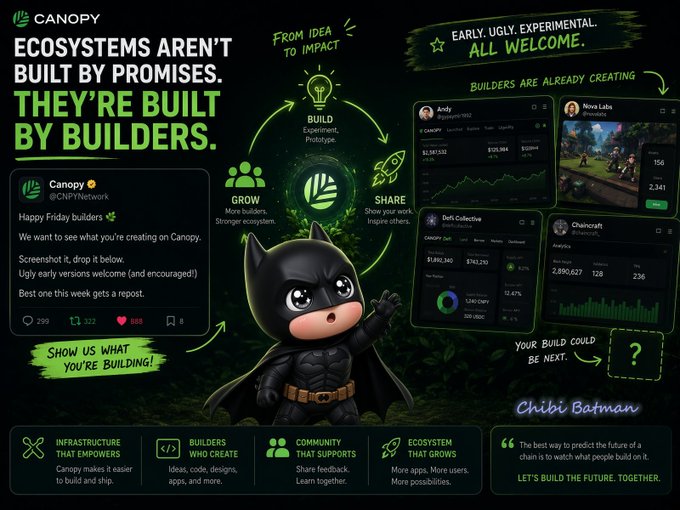 A promotional graphic for Canopy (@CNPYNetwork) features a Chibi Batman mascot surrounded by developer dashboards (Canopy, Deft Collective, Chaincraft, Hova Labs) and the headline "Ecosystems aren't built by promises. They're built by builders," promoting their "Build, Grow, Share" community model. The image ties to the post by showcasing Canopy's developer-friendly infrastructure that allows builders to deploy nodes with built-in wallets and block explorers, rather than relying on external services to monitor chain activity.