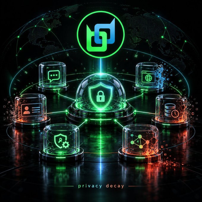 A futuristic green and black digital graphic showing interconnected cylindrical icons (chat, globe, person, database, settings, network) with a central shield and lock symbol, captioned 'privacy decay'.