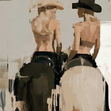 A stylized painting of two women wearing cowboy hats and bikini tops, seen from behind as they sit on horses.