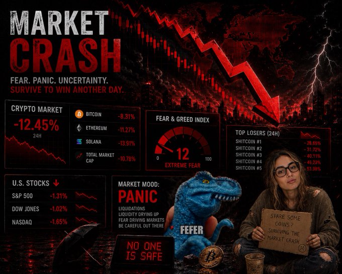 A dramatic 'MARKET CRASH' graphic displays crypto market down 12.45% over 24H with Bitcoin -8.31%, Ethereum -11.27%, Solana -13.91%, alongside a Fear & Greed Index at 12 (Extreme Fear) and U.S. stocks losses; a woman holds a 'SHARE SOME COINS? SURVIVING THE MARKET CRASH' sign next to a blue 'FEER' dinosaur mascot and 'NO ONE IS SAFE' sign.