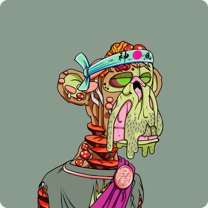 A grotesque, surreal illustration of a mutant creature with a green slime-covered face, sunken eyes, and a brain exposed on top, wearing a Japanese headband (with "和風" text) and a robe with a circular emblem. The image relates to the post as a visual representation of the "Mutant #7788" NFT from the Mutant Ape Yacht Club collection, trending on OpenSea.