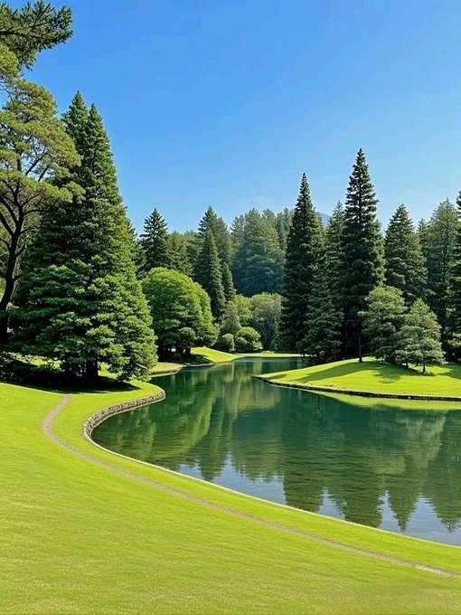 A serene landscape shows a calm pond surrounded by lush green grass and tall coniferous trees under a clear blue sky, with the trees' reflections visible in the water.