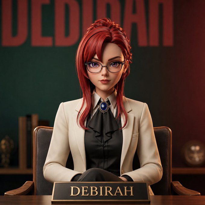 The image features a woman sitting at a desk with her name tag " deborah" displayed above her. The background shows a green wall with a red sign that reads "DEBIRAN". The woman appears to be dressed professionally, wearing glasses and a suit. She is seated in front of a bookshelf filled with various books, suggesting she might be involved in the world of finance or trading.