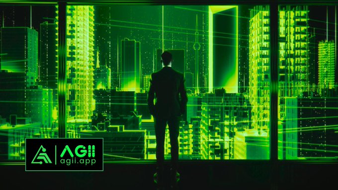 A silhouette of a man in a suit stands before a window overlooking a vibrant, neon green digital cityscape, with the 'AGII agii.app' logo in the bottom left corner.