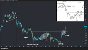 A TradingView stock chart showing market phases labeled 'PANIC', 'DISCOURAGEMENT', 'DESPAIR', 'HOPE', 'AVERSION', and 'DENIAL'.