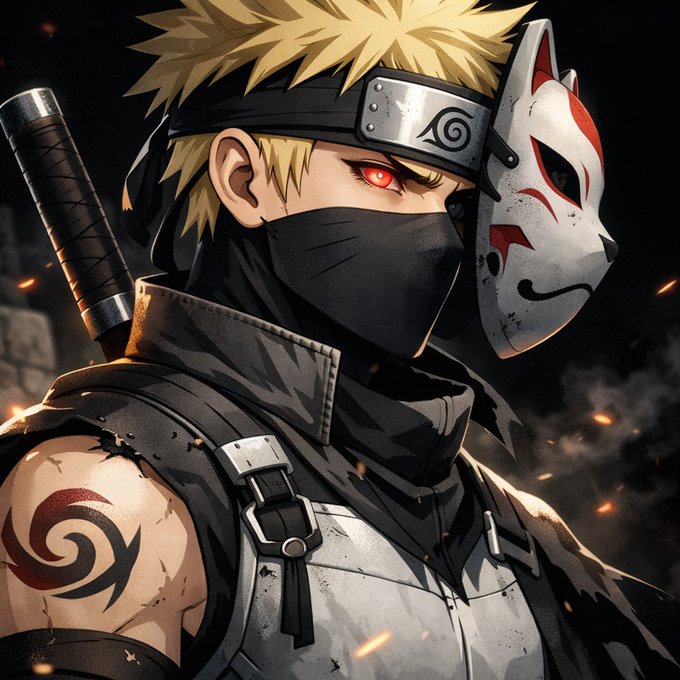 Anime-style illustration of a spiky blonde-haired ninja with glowing red eyes, wearing a black mask, a fox mask on the side of his head, and a Konoha leaf symbol tattoo on his shoulder, with a sword on his back against a dark background.