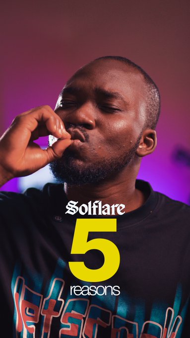 A promotional graphic featuring a man with his eyes closed making a hand gesture, with text reading "Solflare 5 reasons" overlaid on a purple background.
