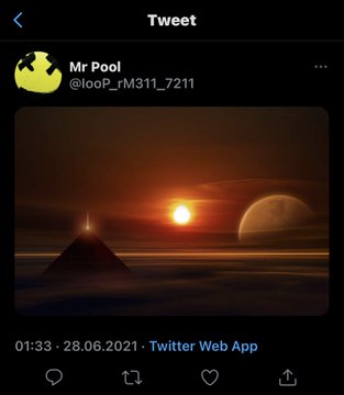 A screenshot of a tweet by "Mr Pool" (@looP_rM311_7211) posted on 28.06.2021, featuring a dramatic digital artwork of pyramids silhouetted against a red, apocalyptic sunset with a large planet looming on the right. The eerie, end-times aesthetic of the image visually reinforces the tweet's foreboding message about XRP pyramids collapsing into dust.