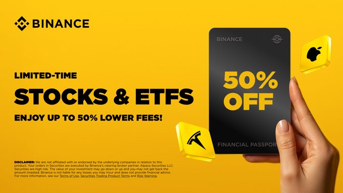 The image features a person holding up their phone displaying an advertisement for a limited-time offer at Binance, which includes stocks and ETFs. The advertisement also contains a thumbs-up symbol, indicating that the offer is accepted by users.