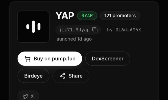 A token listing for YAP ($YAP) on pump.fun showing 121 promoters, launched 1 day ago, with options to buy on pump.fun or view on DexScreener.