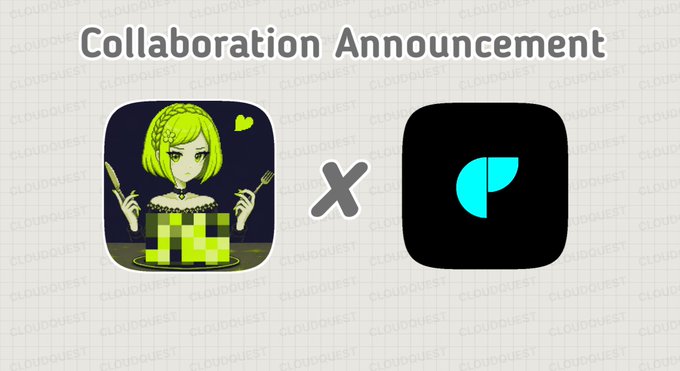 A "Collaboration Announcement" graphic displays the CloudQuest logo alongside the Hoodlust NFT project logo—an anime-style pixel art character with green hair—jointly marked with an "X" to signify the partnership between the two.