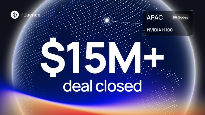 A promotional graphic from Fluence announcing the closing of a $15M+ deal, displayed against a dark blue globe background. The image highlights the deal involves 96 NVIDIA H100 nodes across the APAC region, visually reinforcing the company's announcement about securing major GPU contracts through their auctions platform.
