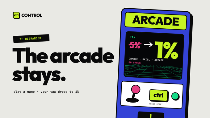 A Control arcade advertisement reading “The arcade stays.” and “play a game · your tax drops to 1%,” alongside an arcade machine labeled “ARCADE” showing “5% → 1%” and “60 GAMES.”