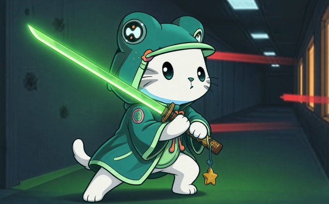 A cute cartoon illustration of a white cat wearing a green frog hoodie and wielding a glowing green lightsaber in what appears to be a sci-fi corridor.