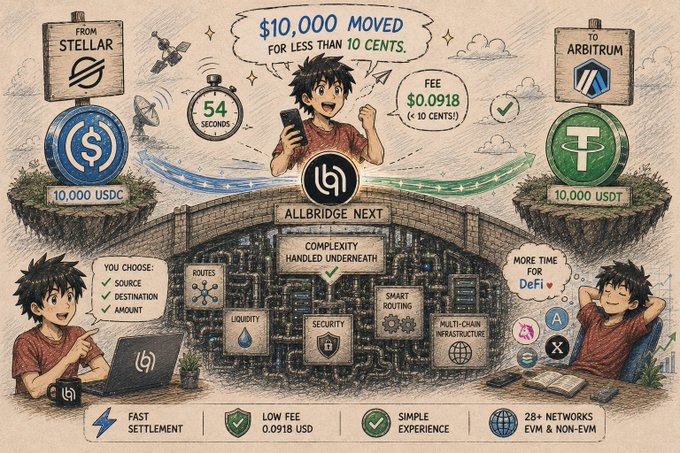 An illustrated advertisement for Allbridge Next showing a transaction of $10,000 moved for less than 10 cents ($0.0918 fee) from Stellar to Arbitrum in 54 seconds, highlighting features like smart routing, security, and multi-chain infrastructure.