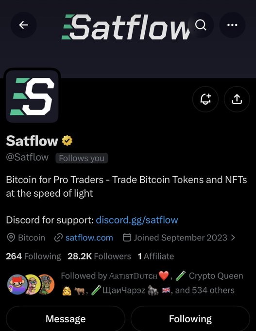 Screenshot of a Twitter/X profile for 'Satflow' (@Satflow, verified) with bio 'Bitcoin for Pro Traders - Trade Bitcoin Tokens and NFTs at the speed of light', Discord link discord.gg/satflow, website satflow.com, joined September 2023, with 264 Following, 28.2K Followers, and 1 Affiliate.