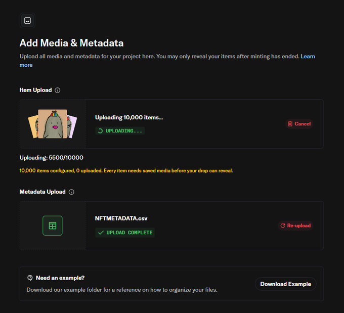 A dark-themed 'Add Media & Metadata' upload interface showing 'Uploading 10,000 items...' in progress and 'NFTMETADATA.csv' upload complete.