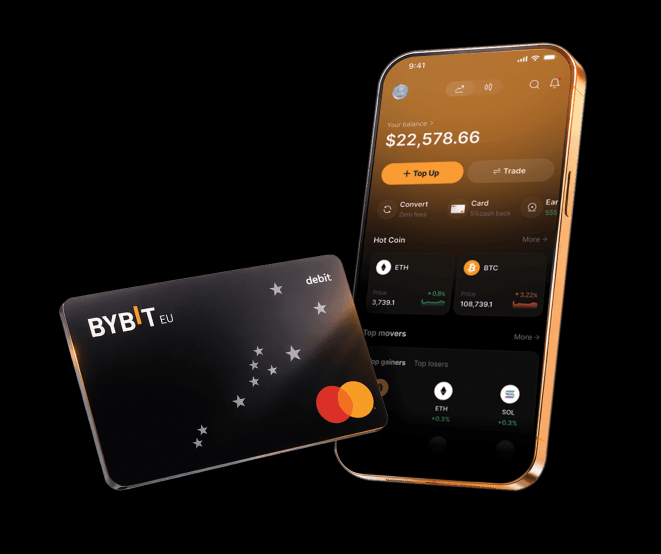 A Bybit debit card is displayed alongside a smartphone showing the Bybit app with a balance of $22,578.66, featuring "Hot Coin" tickers for ETH at $2,738.1 (+0.5%) and BTC at $108,738.1 (+3.22%), visually reinforcing the post's message about earning rewards with the Bybit card this summer.
