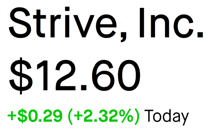 A stock ticker display showing 'Strive, Inc.' at $12.60, up +$0.29 (+2.32%) for the day.