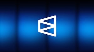 A blue glowing icon on a dark blue background, featuring a white geometric logo composed of two triangles.
