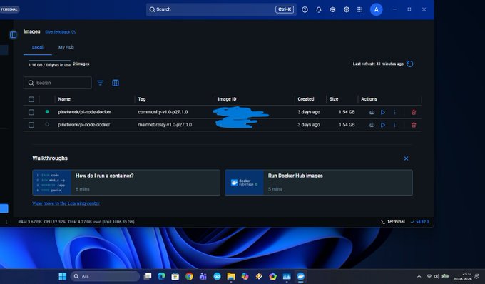Docker Desktop's Images panel shows two pulled docker images: "pinetwork/pi-node-docker" tagged community-v1.0/p:27.1.0 (1.54 GB, 3 days ago) and "pinetwork/pi-node-docker" tagged mainnet-relay-v1.0/p:27.1.0 (1.54 GB, 3 days ago), with the last refresh 41 minutes ago and 41 minutes remaining. This directly illustrates the post, confirming that Pi Network's v27.1.0 containers are now pulled for both the personal node testnet2 (community tag) and the approaching mainnet (mainnet-relay tag).