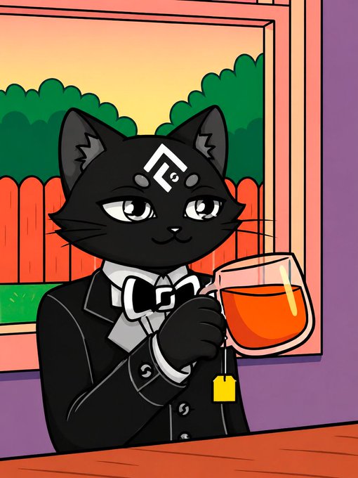 An anthropomorphic black cat dressed in a formal suit and bowtie sips from a glass of tea at what appears to be a bar or counter, with a sunset and red fence visible through the window behind it. The image conveys sophistication and simplicity, reflecting the post's message about how FlutonIO simplifies DeFi by allowing users to simply describe their desired outcome—much like enjoying a refined drink without worrying about the mechanics behind it—rather than manually navigating networks, assets, routes, and protocols.