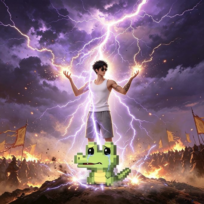 A young man in a tank top and sunglasses stands triumphantly atop a crying green crocodile-pokemon creature, channeling massive purple lightning bolts from his hands over a fiery battlefield of warriors. The meme captures the speaker's frustration at being dismissed while trying to report a legitimate technical issue with GMGN's BSC trading platform, portraying themselves as a heroic figure whose helpful warning was ignored by the project's team.