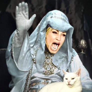 A surreal composite image showing a screaming blonde woman in a blue medieval hooded robe raising her hand, with a white cat sitting in front of her.