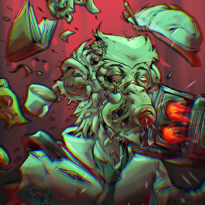 Stylized digital artwork of an elderly bearded figure in green tones with a pained expression, set against a red background with floating books, candles, and teacups in a comic-style illustration.