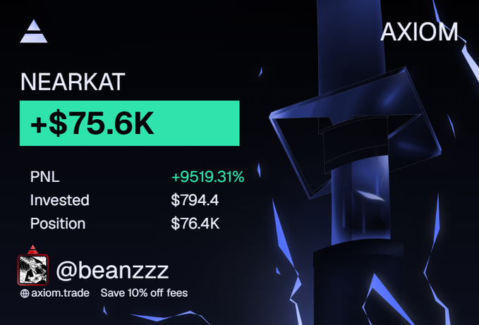 An Axiom trade dashboard displays a +$75.6K gain on $NEARKAT with a 9519.31% PNL on an $794.4 investment by @beanzzz, aligning with the poster's claim of "still holding a moon, but solid trade."