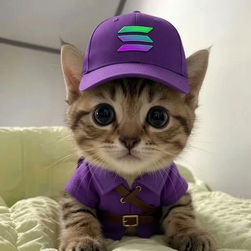 A cute tabby kitten wearing a purple baseball cap featuring the Solana logo and a matching purple shirt with a brown belt, sitting on a bed.
