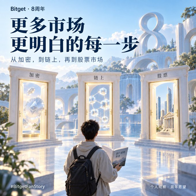 A promotional advertisement for Bitget's 8th anniversary features the text 'Bitget · 8周年' and '更多市场 更明白的每一步 从加密，到链上，再到股票市场', depicting a person with a backpack holding a book labeled '更广阔的 世界' facing three grand doorways labeled '加密', '链上', and '股票'.