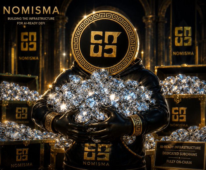 A promotional image for 'NOMISMA' featuring a hooded figure with a gold coin as a head embracing a pile of diamonds, with the text 'BUILDING THE INFRASTRUCTURE FOR AI-READY DEFI' and 'AI-READY INFRASTRUCTURE, DEDICATED SUBCHAINS, FULLY ON-CHAIN'.