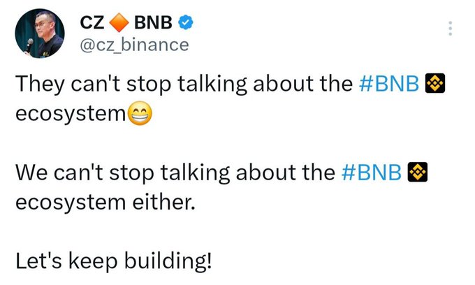 A tweet from CZ Binance (@cz_binance) celebrating the BNB ecosystem, stating "They can't stop talking about the #BNB ecosystem. We can't stop talking about the #BNB ecosystem either. Let's keep building!" The image reinforces the accompanying post's theme of ongoing ecosystem development, aligning with the call for #LUNCArmy builders to share what they're working on.