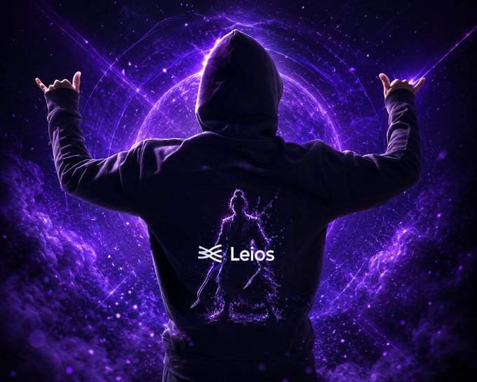 A hooded figure stands with arms raised against a cosmic purple background, with the 'Leios' logo and branding visible on the figure's clothing.