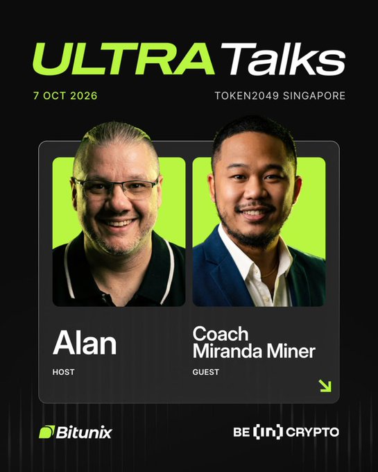A promotional poster for 'ULTRA Talks' on 7 Oct 2026 at TOKEN2049 Singapore, featuring host Alan and guest Coach Miranda Miner, sponsored by Bitunix and 'Be [in] Crypto'.